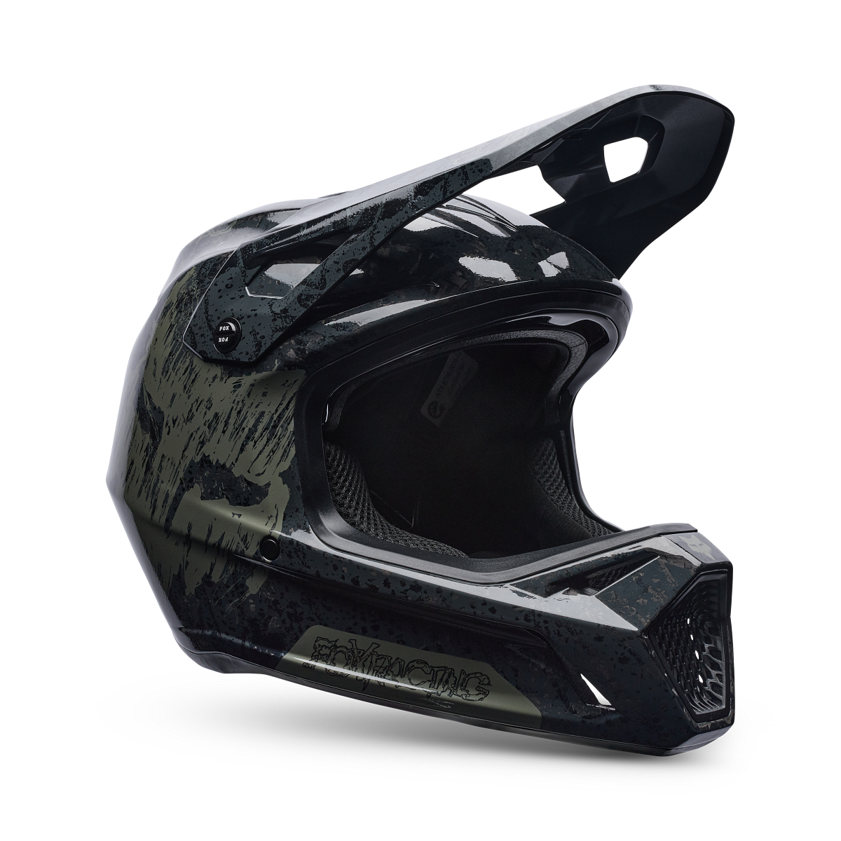 Fox Rampage RS Abyss helmet in black, three-quarter view