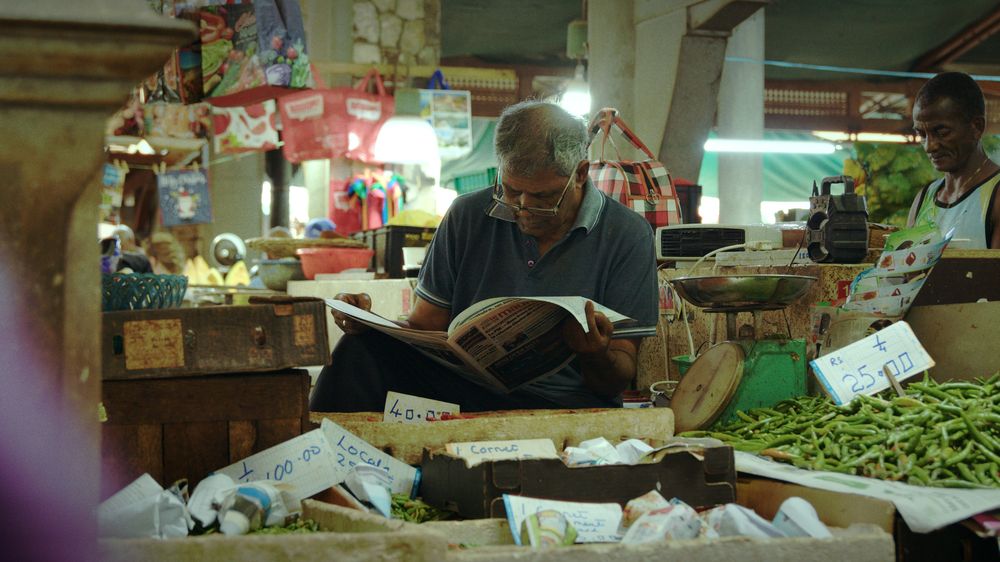 A vegetable merchant reads the newspaper behind his stall at Port Louis market