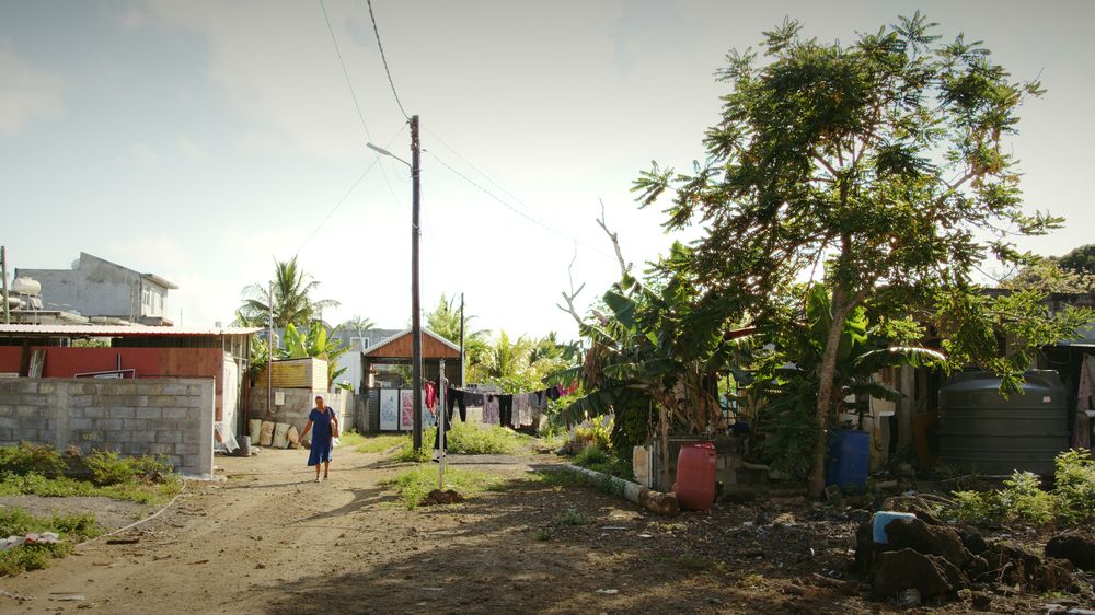 A village lane in the late afternoon, a man walking between houses and trees